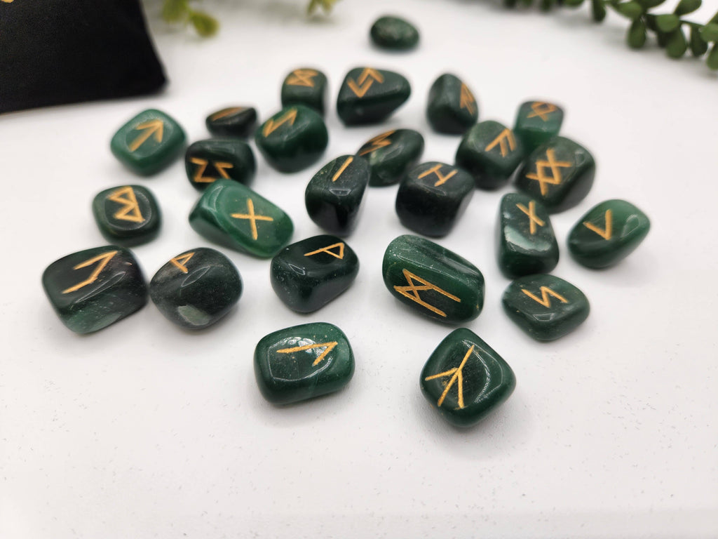 Jade Semi-Precious Gemstone Rune Sets with Velvet Pouch
