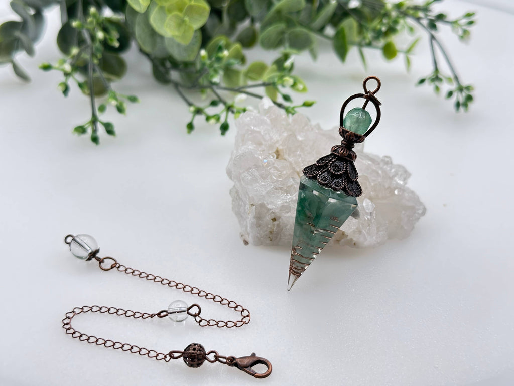 Green Aventurine Gemstone Chips w/ Copper & Resin Pendulum