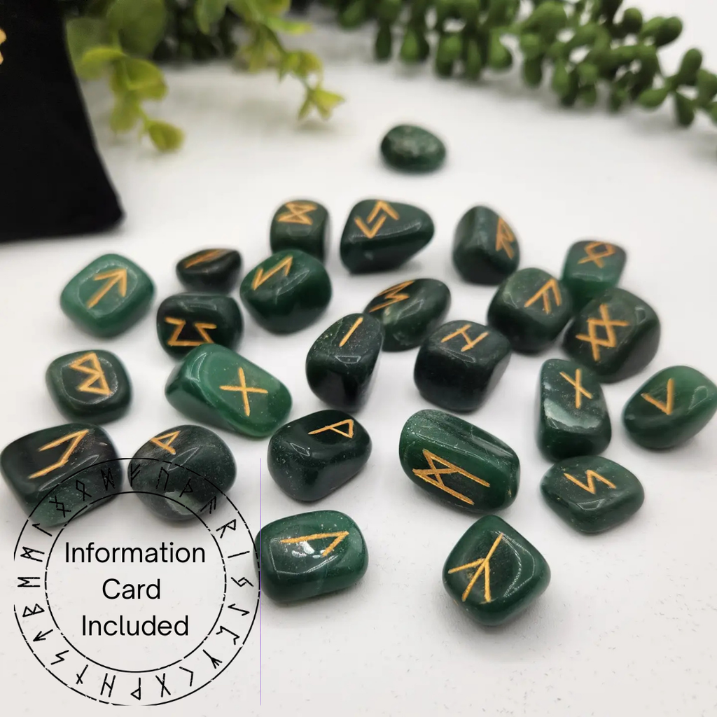 Jade Semi-Precious Gemstone Rune Sets with Velvet Pouch