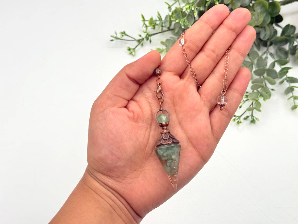 Green Aventurine Gemstone Chips w/ Copper & Resin Pendulum