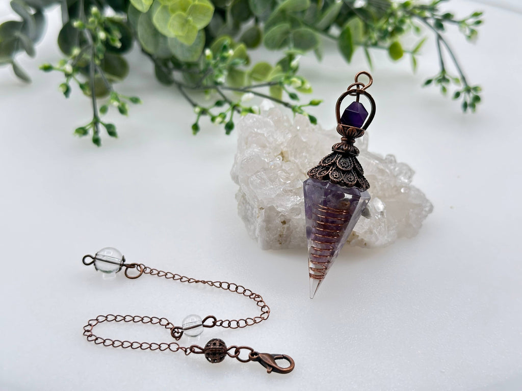 Amethyst Gemstone Chips w/ Copper in Resin Pendulum