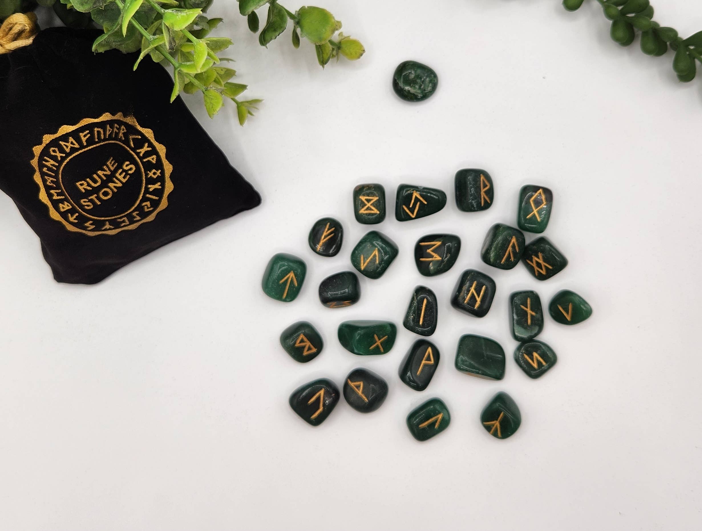 Jade Semi-Precious Gemstone Rune Sets with Velvet Pouch